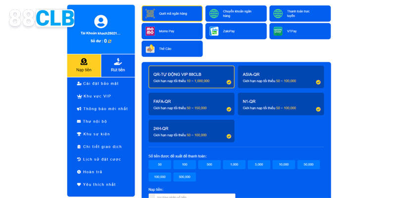Giao dịch nạp tiền tại 88CLB siêu nhanh gọn